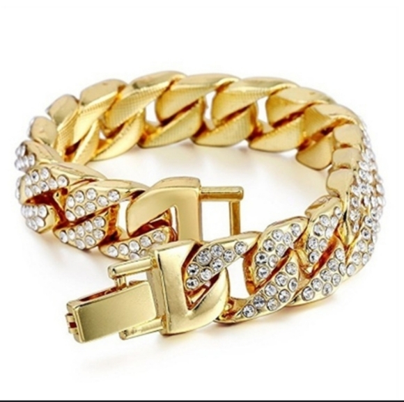 Men's bracelets Gold Rhinestones cuban LINK chain - Picture 3 of 7